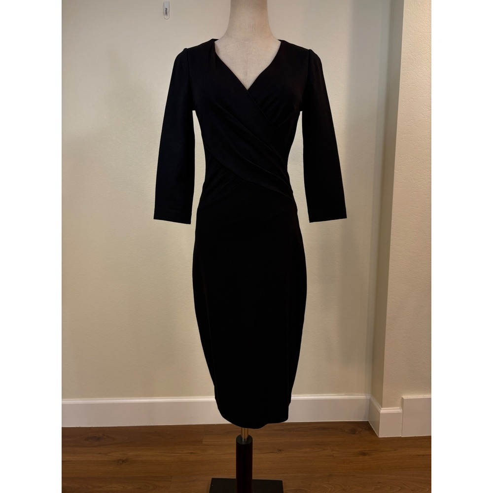 Boden Sheath Dress 4 Black V-Neck 3/4 Sleeve Midi jersey Career Classic Chic